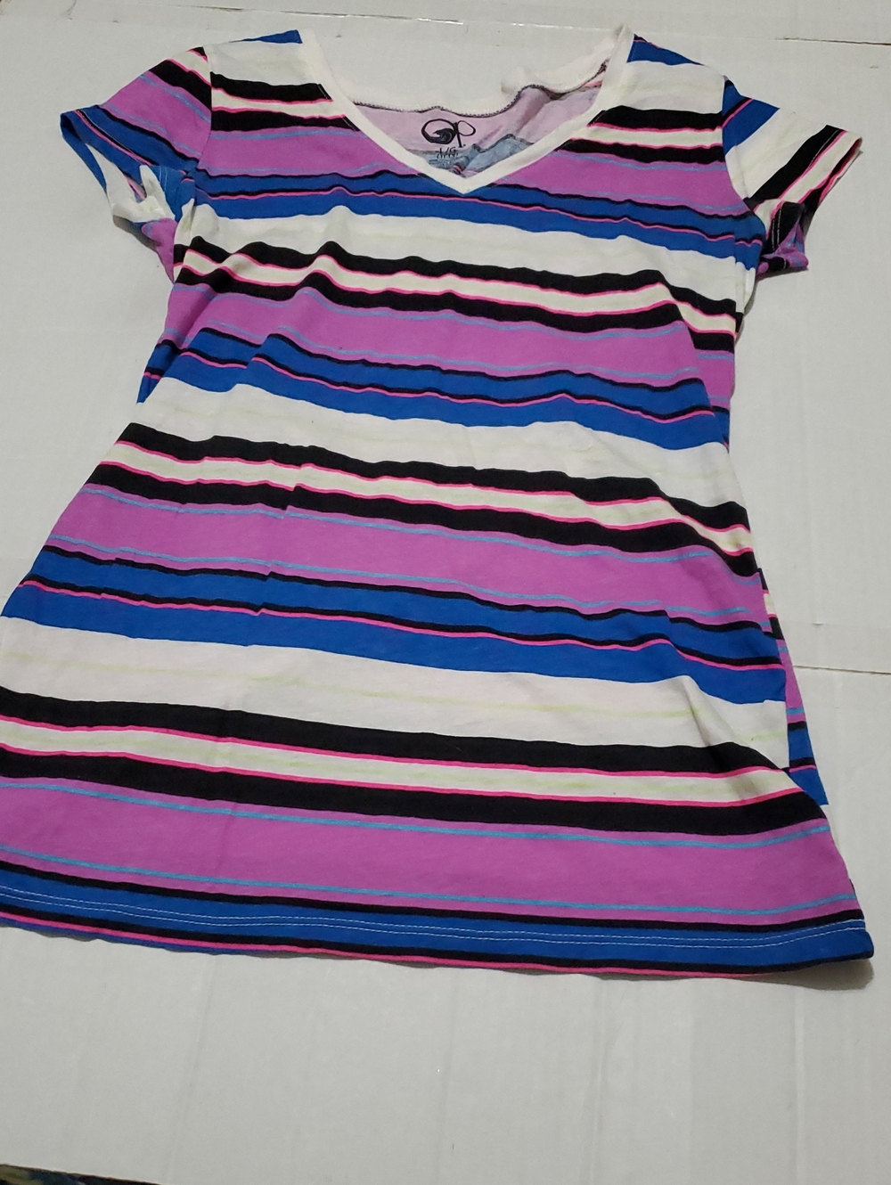 Op Y2K Blue & Purple Striped V-Neck Cap Sleeves Fitted Baby Tee Junior L